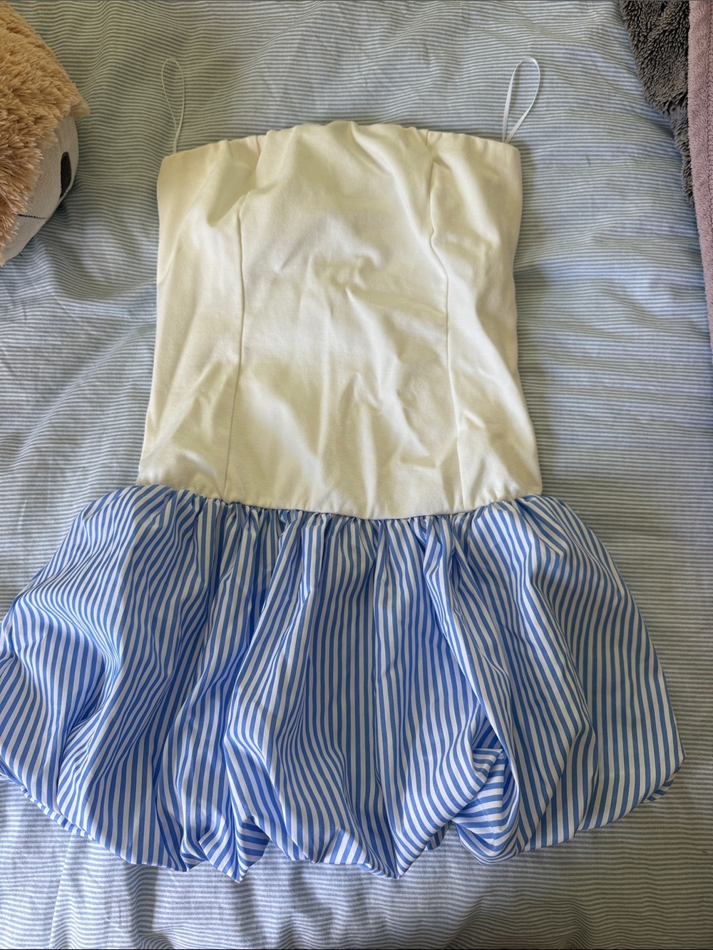 White Bodice Blue Striped Bubble Skirt Dress